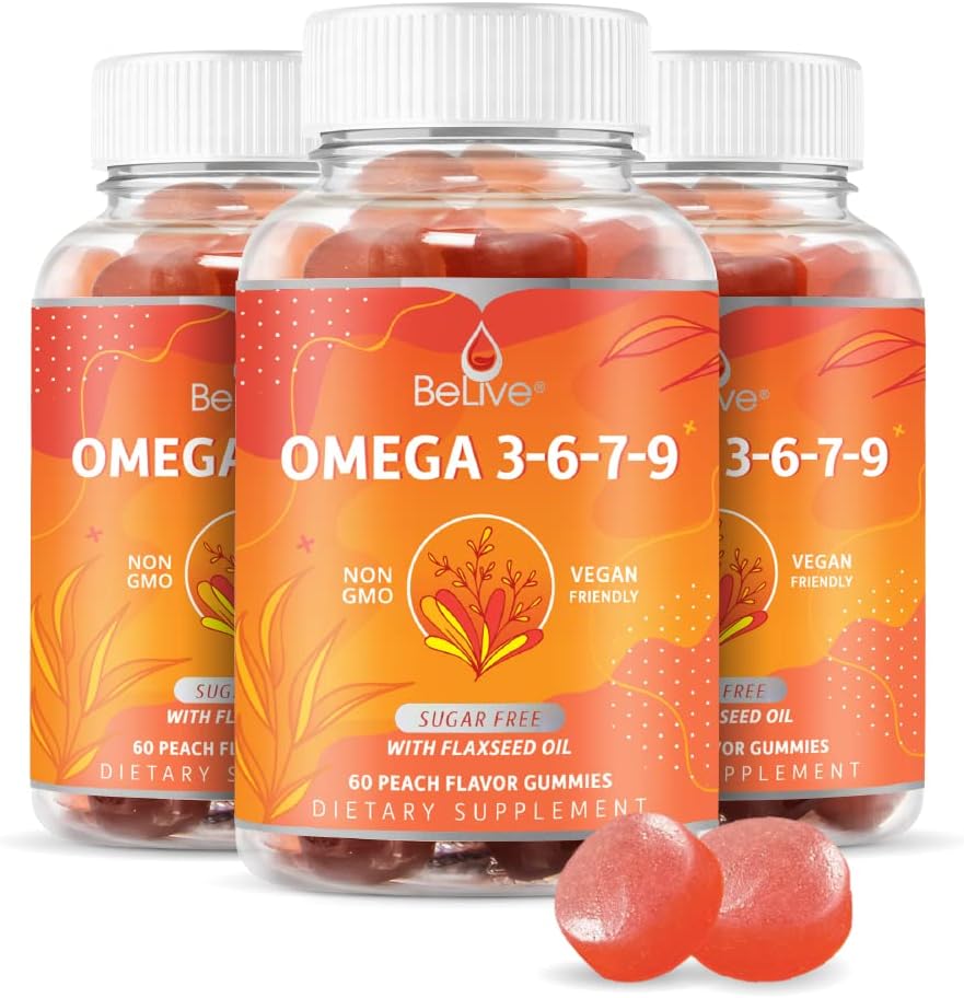 BeLive Organic Omega 3 Gummies - Omega 3 6 9 7 DHA & EPA fra Flaxfrø Olje & Sea Buckthorn Fruktolje, Vegan, for barn og voksne, Full kropp, Hjerne & Øye støtte, Sukkerfri – Peach | 3-Pack