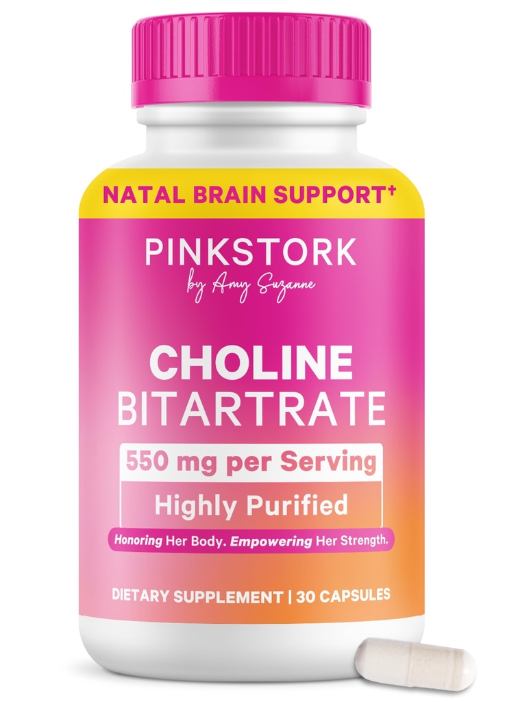 Pink Stork Choline - 550 mg Choline Bitartrat fra VitaCholine for gravid + postpartum mødre - prenatal vitamin for føtal kognitiv helse + brystmelk kvalitet - 1 kapsel daglig, 30 greve