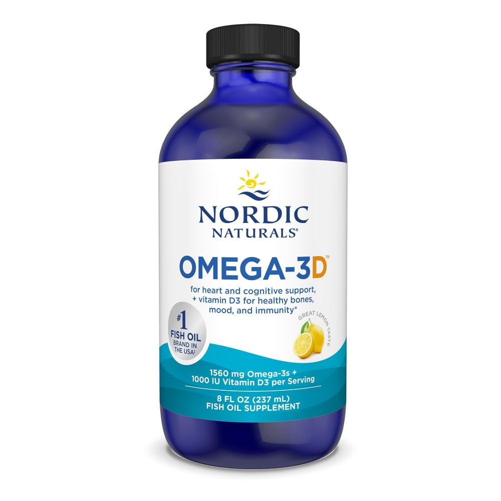 Nordic Naturals Omega-3D, Lemon Flavor - 8 oz - 1560 mg Omega-3 + 1000 IU Vitamin D3 - Fiskeolje - EPA & DHA - Immunstøtte, Hjerne og hjerte helse, sunne bein - Ikke-GMO - 48 Services
