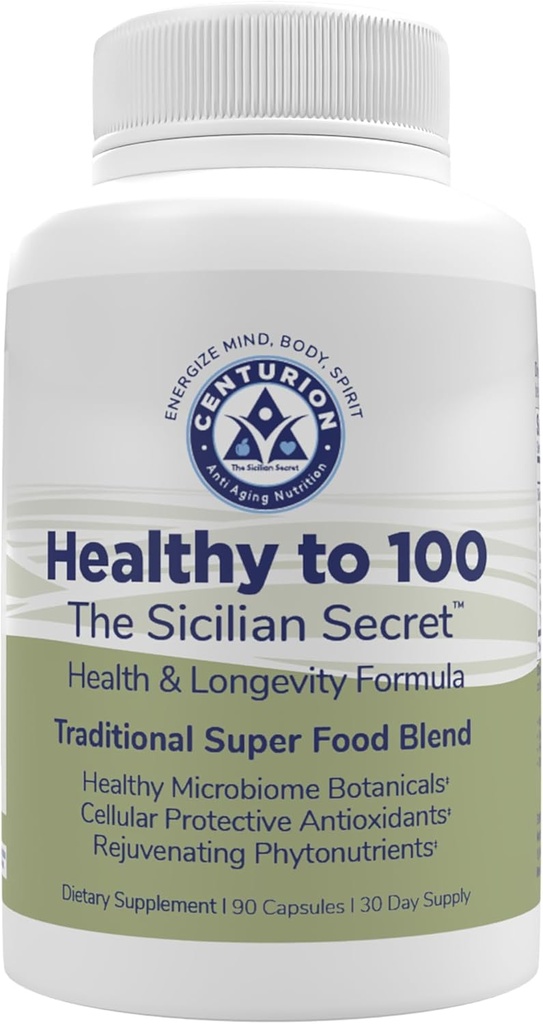 Sunn til 100, siciliansk hemmelig middelhavsdiett, Superfood, støtter sunn livsstil, (med Resveratrol, Rosemary, Grape Seed Extract, Bergamot Extract) Økt immunitet, 90 kapsler, 30 serveringer