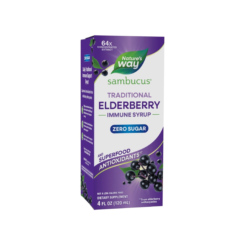 Naturens måte Sambucus Zero Sugar Tradisjonell immunsyrup, høy konsentrert svart eldrebærekstrakt, tradisjonell immunologisk støtte*, med Superfood antioksidanter(1) 4 Fl Oz (Packaging May Vary)