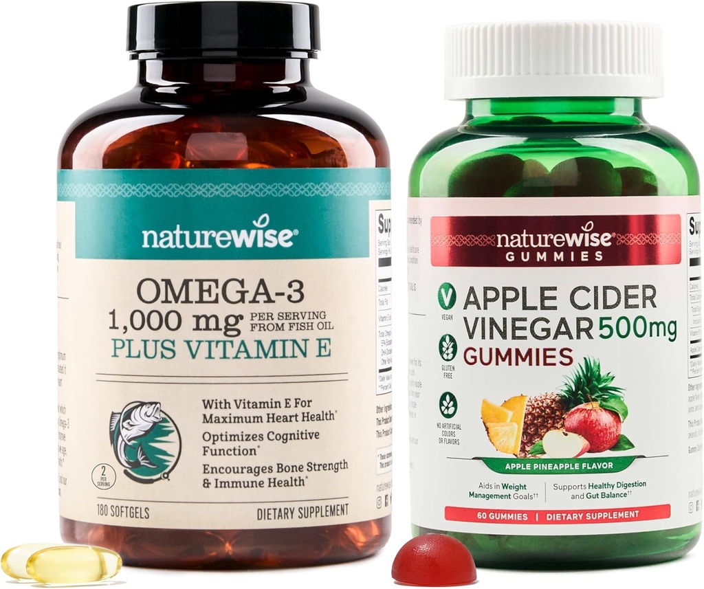 NatureWise Omega-3 Fish Oil 1000mg med E 180-Count + Apple Cider Vinegar Gummies 500mg med B12, 60-Count (Vegan Gummy) - Bundle for hjerte, øye, Digestive helse - Glutenfri, Soja-fri, Ikke-GMO
