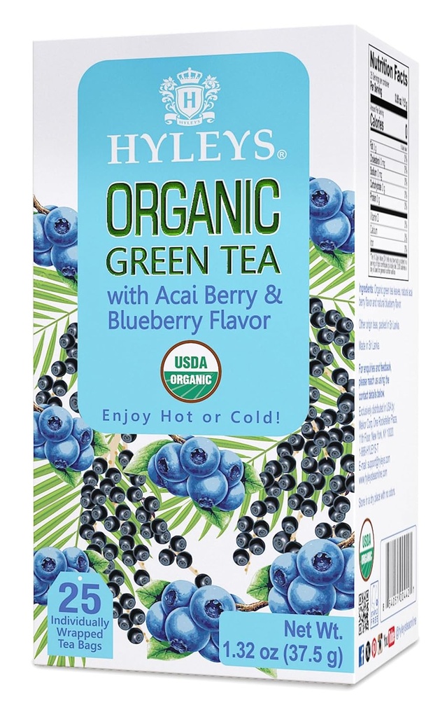 Hyleys Organic Green Tea Acai Berry og Blueberry Flavor - 25 Teposer - (6 Pakke - 150 Teposer Totalt)