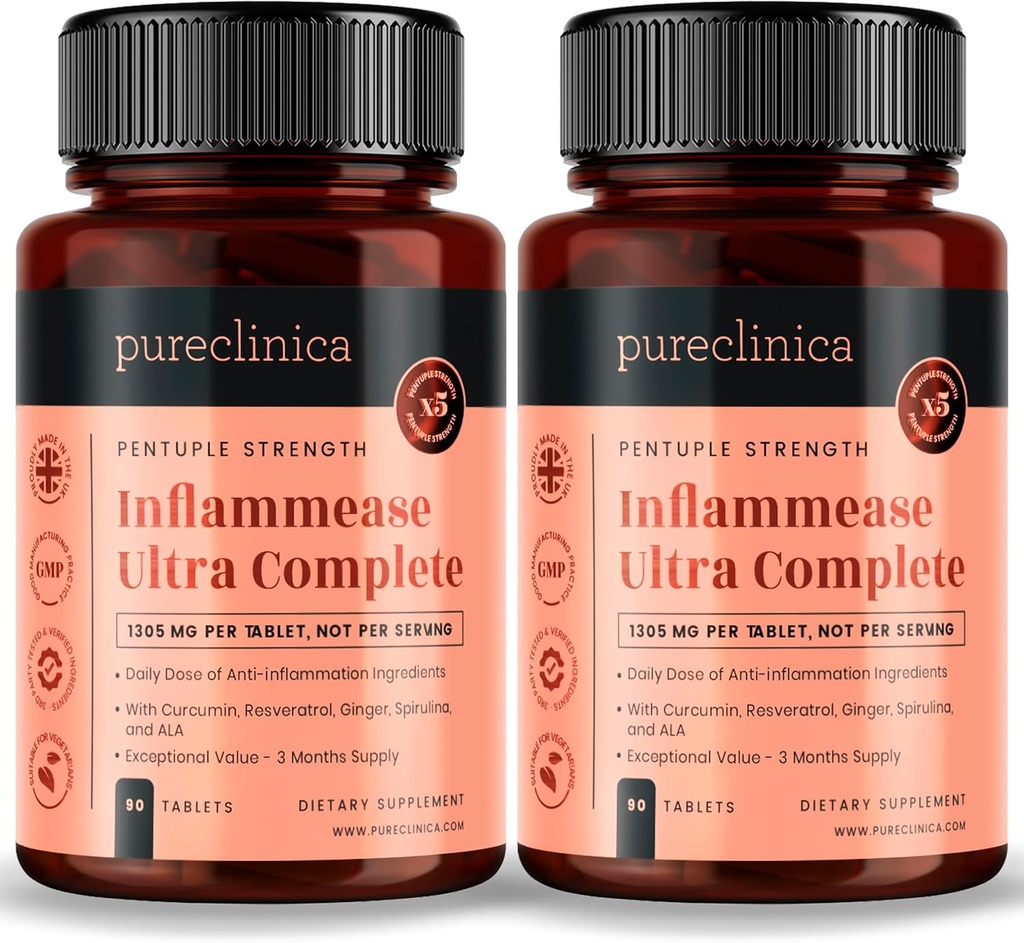 pureclinica Inflammease Ultra Complete (Resveratrol, Ginger, ALA, Spirulina, Curcumin- 5 Kosttilskudd i én) 1305mg x 180 tabletter - 2 flasker 90 tabletter - 6 måneders forsyning!