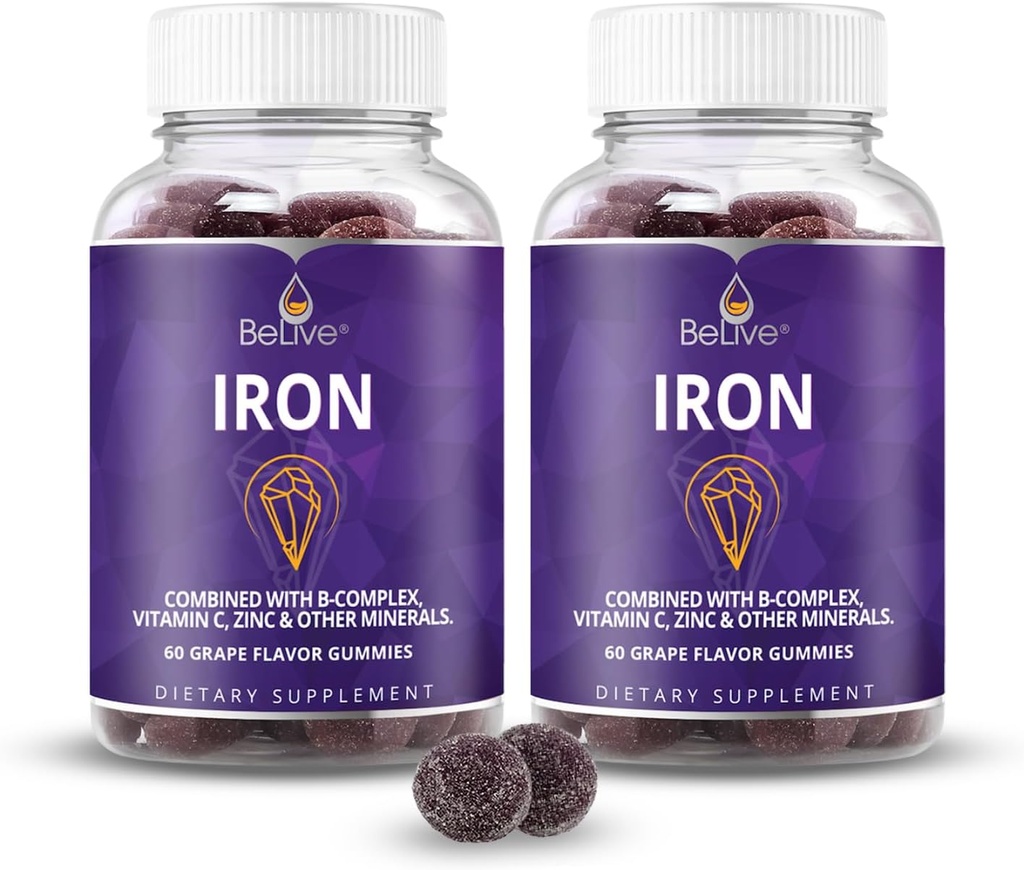 BeLive Iron Gummies - Multivitamin jern Supplement med vitamin C, A, B & Zinc, støtter blod oksygen, vegansk kosttilskudd for kvinner, menn og barn for vekst og utvikling - Grape Flavor