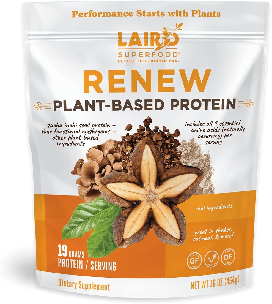 Laird Superfood Renew Plant-basert proteinpulver, 19 Grams Protein, Vegan med Sasha Inchi Seed Protein, Fire funksjonelle moskrooms, Preservativ fri, Glutenfri, Dairy-Free, 16 oz. Veske
