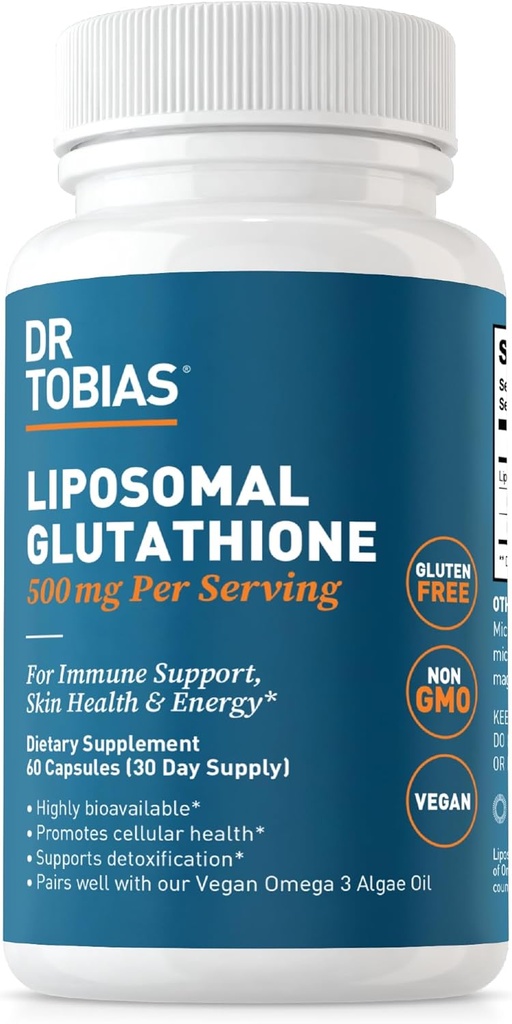 Dr. Tobias Liposomal Glutathione, 500mg Per Servering - Høyt Biotilgjengelig Glutation Supplement, støtter energi, hud og immun helse - Vegan, Glutenfri, Ikke-GMO, 60 kapsler, 30 Serveringer