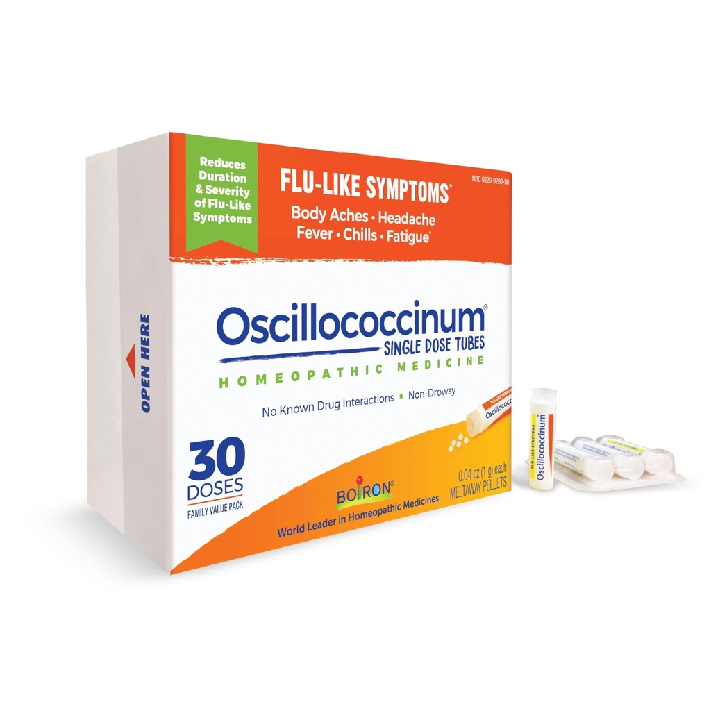 Boiron Oscilloccinum for lindring fra influensalignende symptomer på kroppssmerter, hodepine, feber, kløe og tretthet - 30 doser