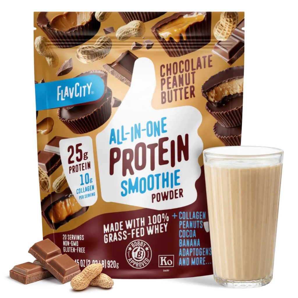 FlavCity Grass Fed Whey Sjokolade Protein Powder - Sjokolade Peanut Smør - 25g Protein & 10g Collagen - laget med organisk kokoa & kokosmelk - Glutenfri og ingen lagt til sukker (20 Serveringer)