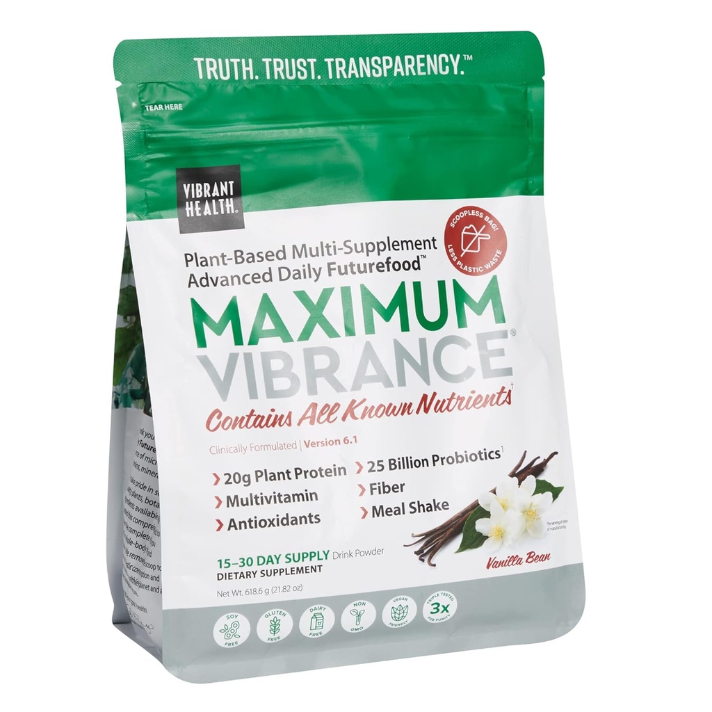 Vibrant helse, maksimal vibrasjon, plantebasert supermat Supplement med et multivitamin, protein og 25 milliarder CFU av probiotika, Vanilla, 15 Servering Pouch