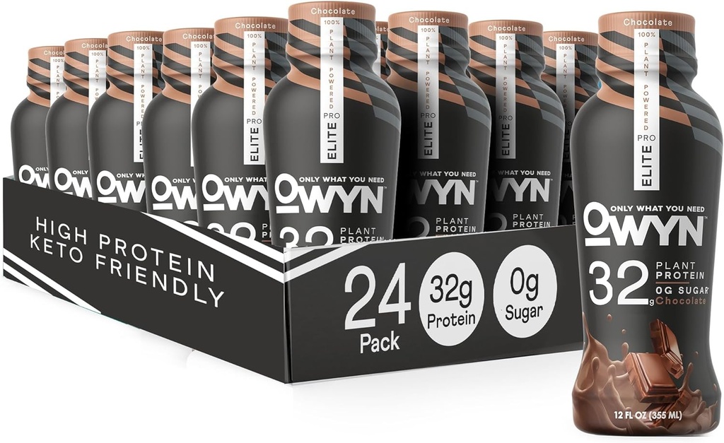 OWYN Bare hva du trenger Pro Elite Vegan High Protein Keto Shake, 32g Protein, 9 Aminosyrer, Omega-3, Prebiotika, Trening og utvinning, 0g Netto karbohydrater, Zero Sukker (Chokolate, 12 Fl Oz (Pack of 24)