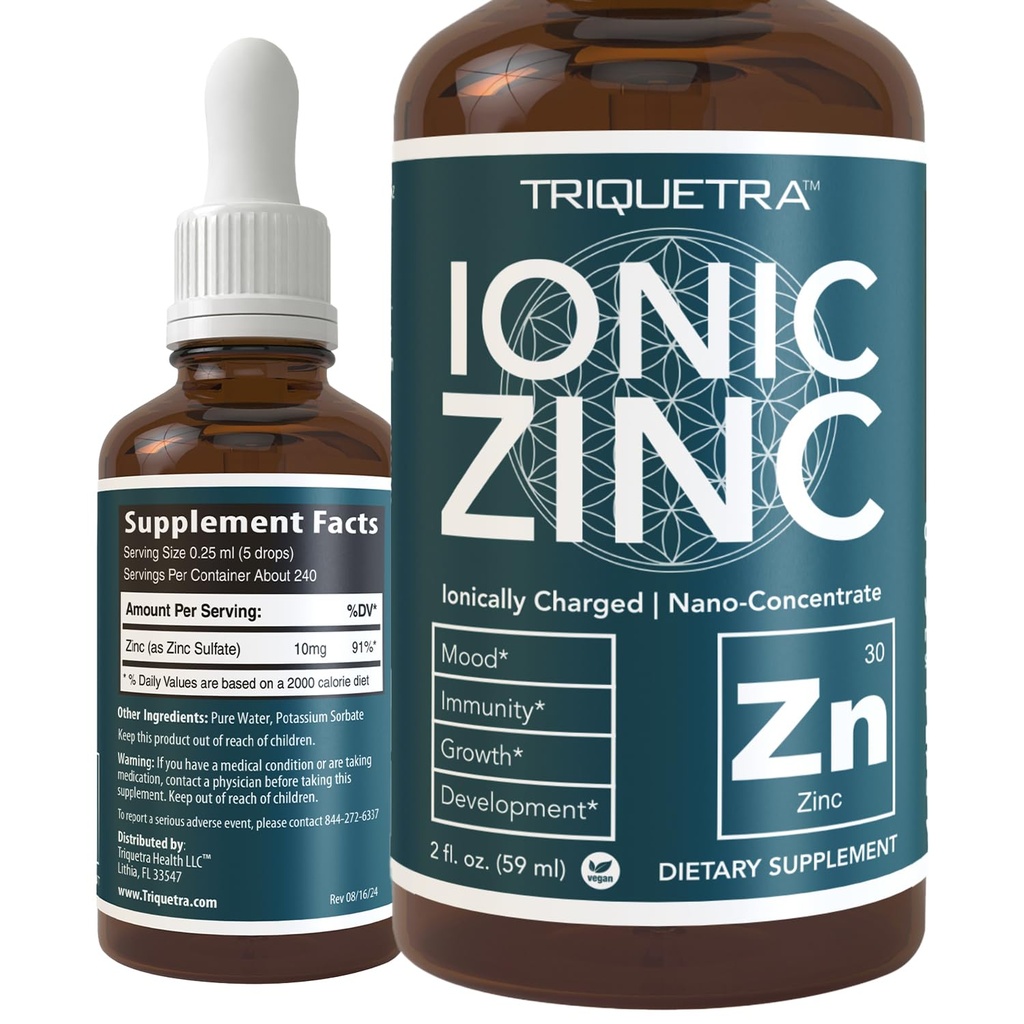 Ionisk flytende sink – 8 måneders forsyning, justerbar dosering for voksne – høy absorpsjon, vegansk, glassflaske – støtter immunsystem, hjerne og thyroid helse – essensielt mineraltilskudd (2 oz)
