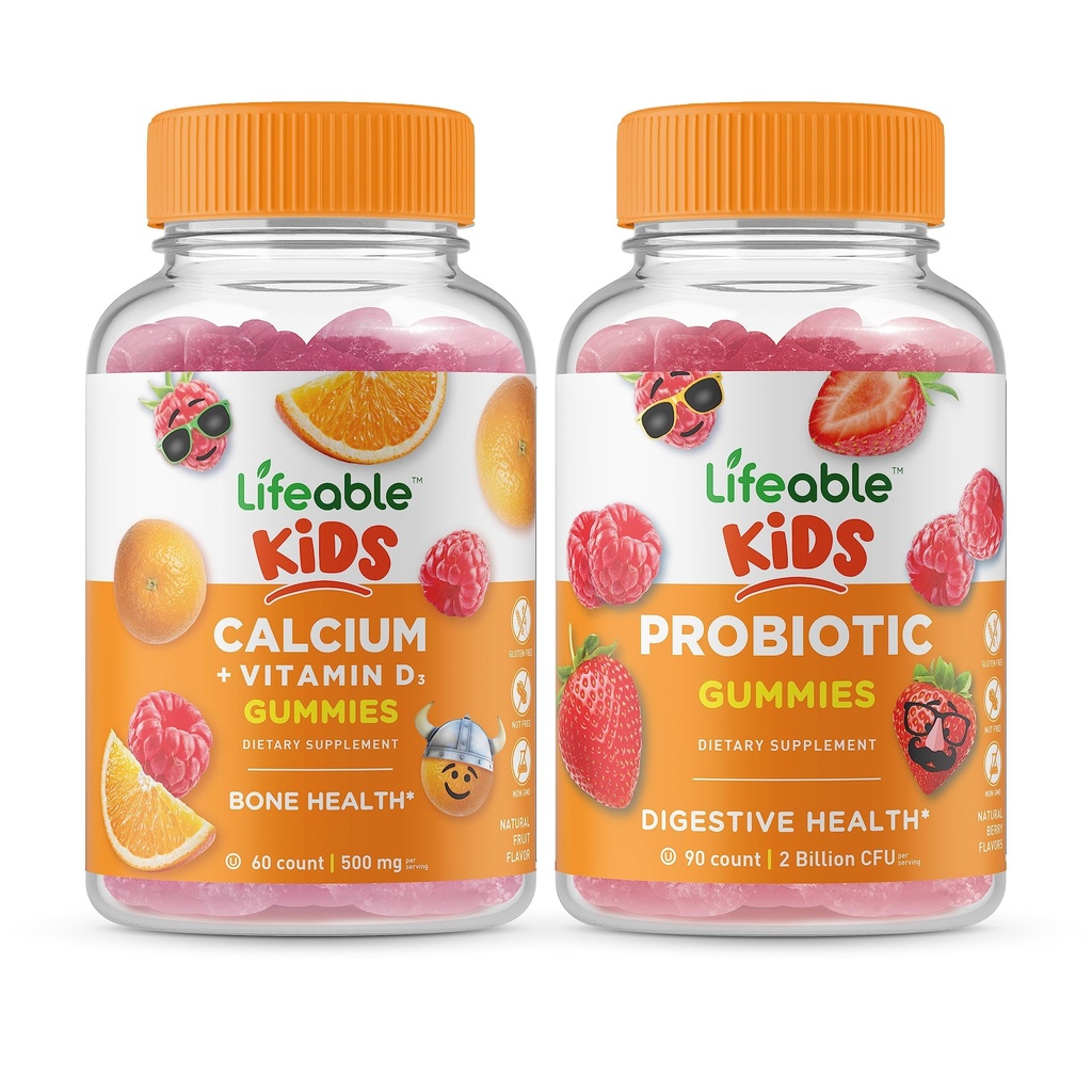 Levende kalsium med vitamin D Kids + Probiotiske 2 milliarder CFU Kids, Gummie Bundle - Great Tasting, vitamin Supplement, Glutenfri, GMO Free, Chewable Gummy