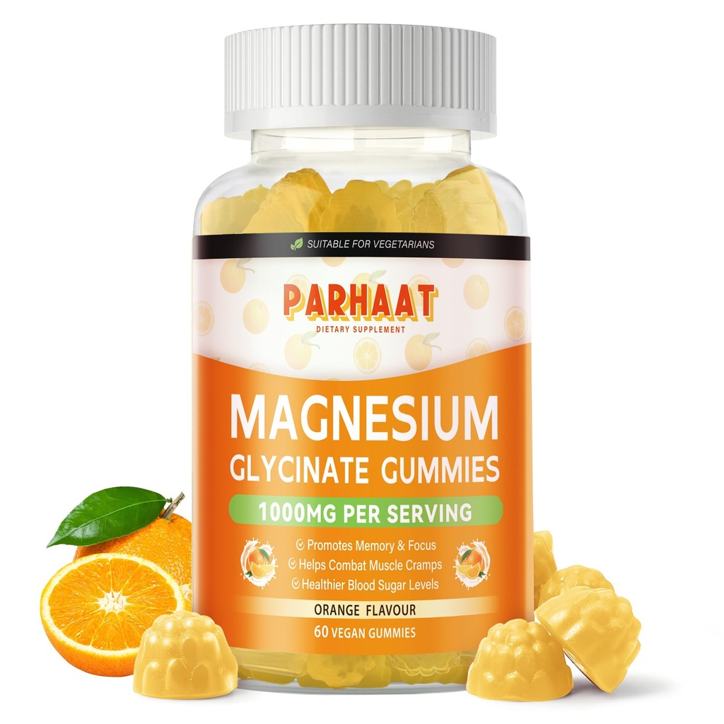 Magnesium Glycinate Gummies 1000mg - Sukkerfri magnesium Kalium Supplement med vitamin D, B6, CoQ10 for rolig Mood & søvn støtte - 60 Orange Gummies