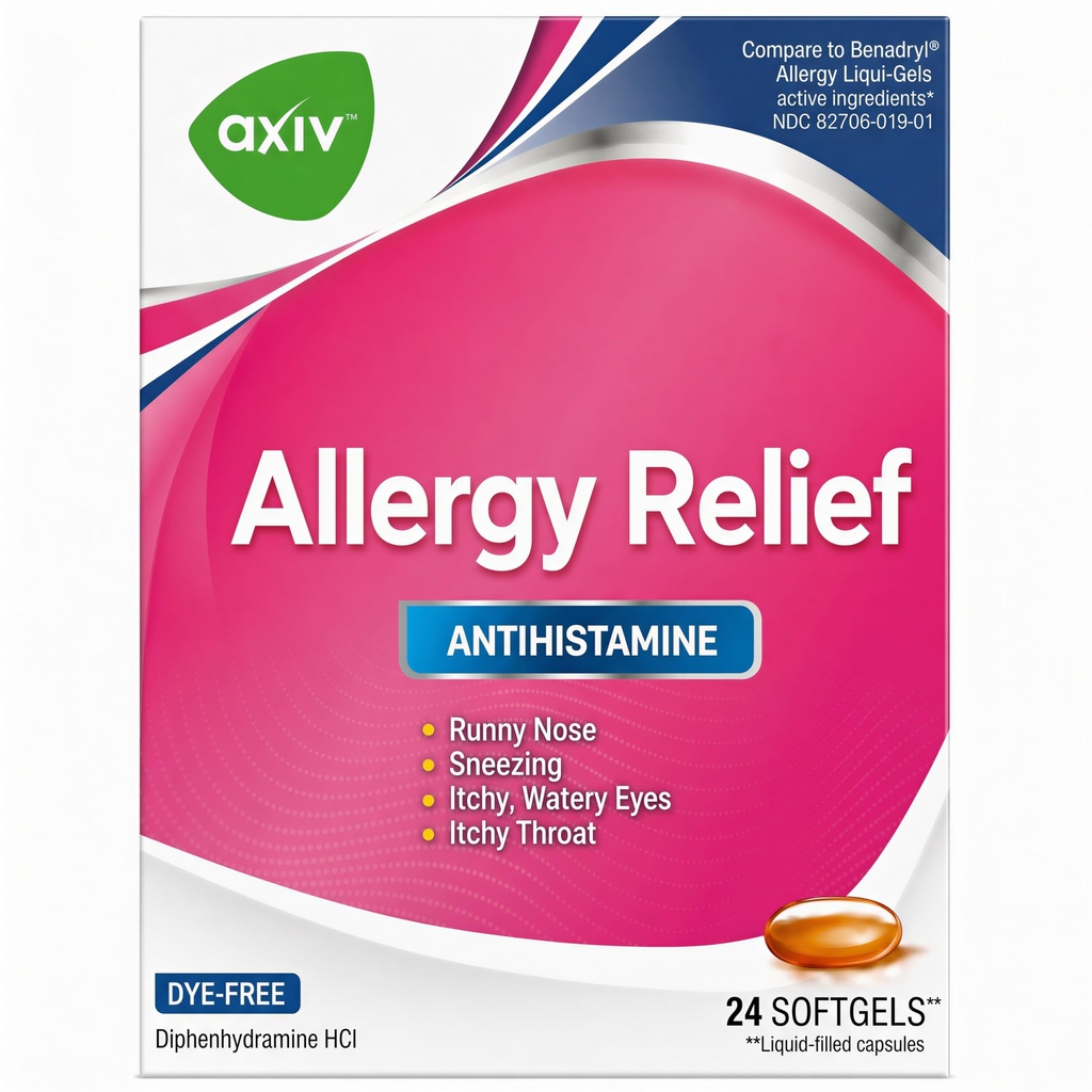AXIV Allergy Relief Softgels, Antihistaminer medisin & kald symptom relief, Dye-fri flytende Gels, 25 mg Diphenhydramin HCl, Runny Nese, Sneezing, 24 greve (24 Softgels)