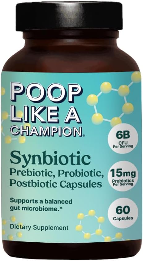 Poop Som en Champion Gut Power Synbiotic (Prebiotic, Probiotic, Postbiotic) – 60 Kapsler, Vegansk, Ikke-GMO Digestive Helse Supplement, 6,5 milliarder CFU