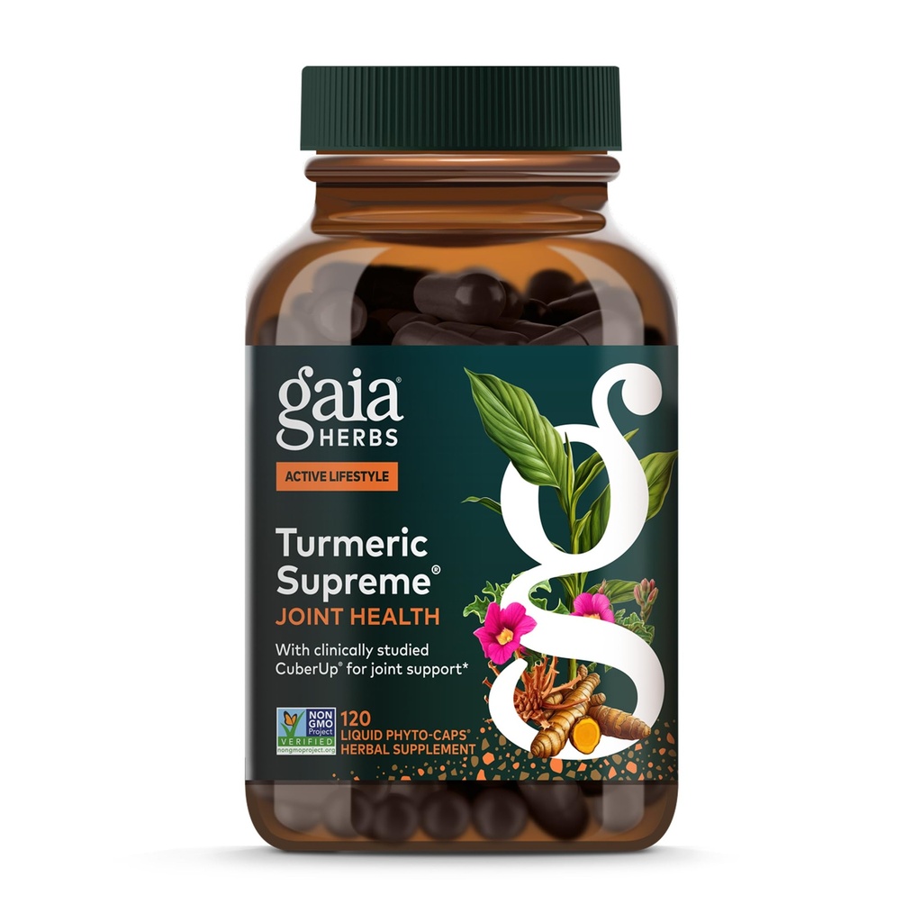 Gaia Herbs Turmeric Supreme Felles Helse - Felles Support Supplement - Med Quercetin, Black Pepper, Boswellia, Ginger Root, Curcuminoids, & Mer-120 Flytende Phyto-Capsules (30-dagers Supply)