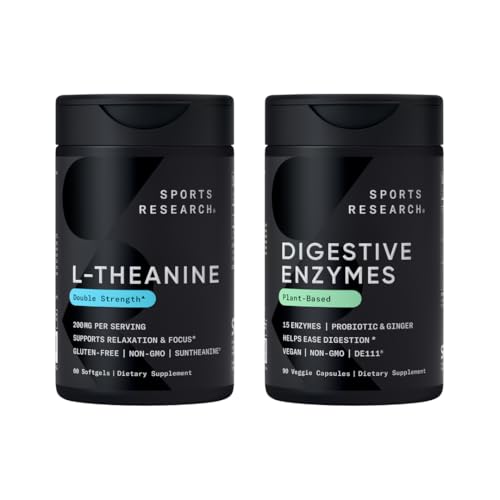Idrettsforskning Dobbel styrke L-Theanine Supplement Suntheanine Softgels for fokus, avslapping og varsling med kokosolje 60 greve og Digestive Enzymes + Probiotika og Ginger Plante Basert 90 greve