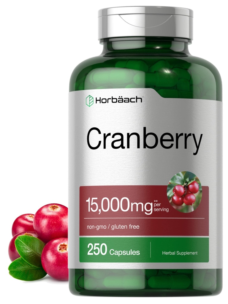 Horbäach Cranberry piller + vitamin C | 15.000 mg | 250 kapsler | Ikke-GMO og glutenfri kosttilskudd fra konsentratekstrakt