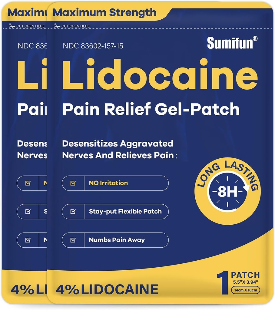 Sumifon 4% Lidocaine Patches Maksimum styrke - 24 Count Pain Relieving Gel Patch for muskelsorg, ryggsmerter, kne, hals og leddsmerter - Topisk analgesisk (NDC: 83602-157-15, 83602-157-01)