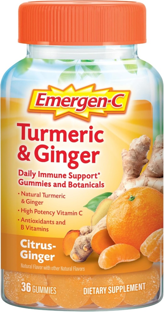 Emergen-C Citrus-Ginger Gummies, Turmeric og Ginger, Immun støtte Naturlig Flavors Med høy potens Vitamin C, Tilbake til skolen Essentials - 36 Count
