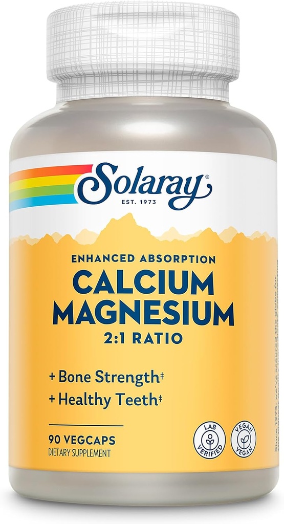 SOLARAY Kalsium Magnesium Supplement, Magnesium og kalsium Kosttilskudd for kvinner og menn, 2:1 Forhold, Bein helse og styrke, Vegan, høy absorpsjon, 60-dagers garanti, 22 Services, 90 Vegkaps