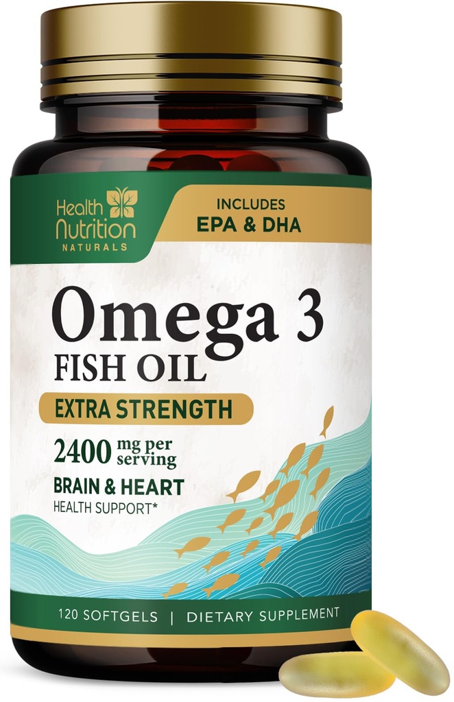 Omega 3 Fish Oil 2400 mg - Triple Styrke Omega-3 Kosttilskudd - Naturlig Hjerne Hjerte Helse & Immune Støtte - Fatty Aciders med EPA & DHA - Wild Fanget renset Fish Oil Supplement - 120 Softgels
