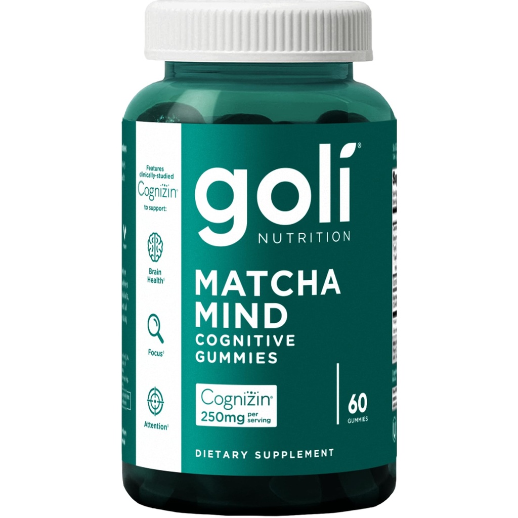 Goli Matcha Mind Gummies - 60 greve - Grønn Te blader pulver med kognizin for fokus, oppmerksomhet og hjerne helse, vegansk, ikke-GMO, Glutenfri og gelatinfri.