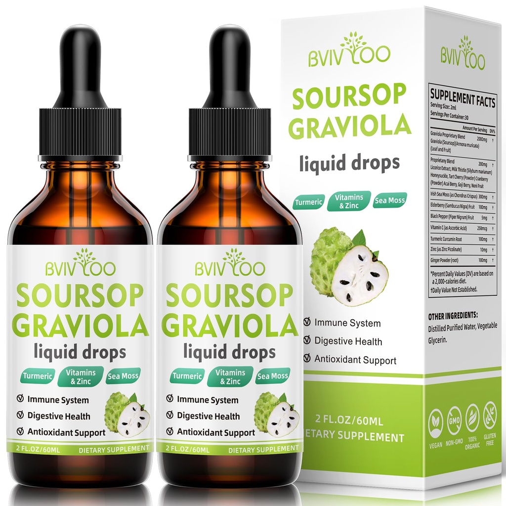 2 pakke Soursop Graviola flytende dråper - 2000mg ren sursop ekstrakt blandet med 300mg sjø Moss & 100mg eldrebær - kraftig celle støtte, antioksidant-rich, immun-boosting - 4 fl Oz (120ml) flaske