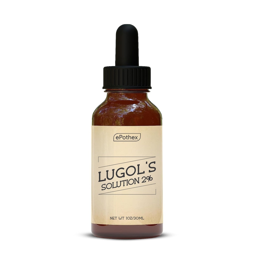 Lugols løsning 2% 1oz glass dropper flaske. Inneholder kaliumjodid og jodid, 30 ml