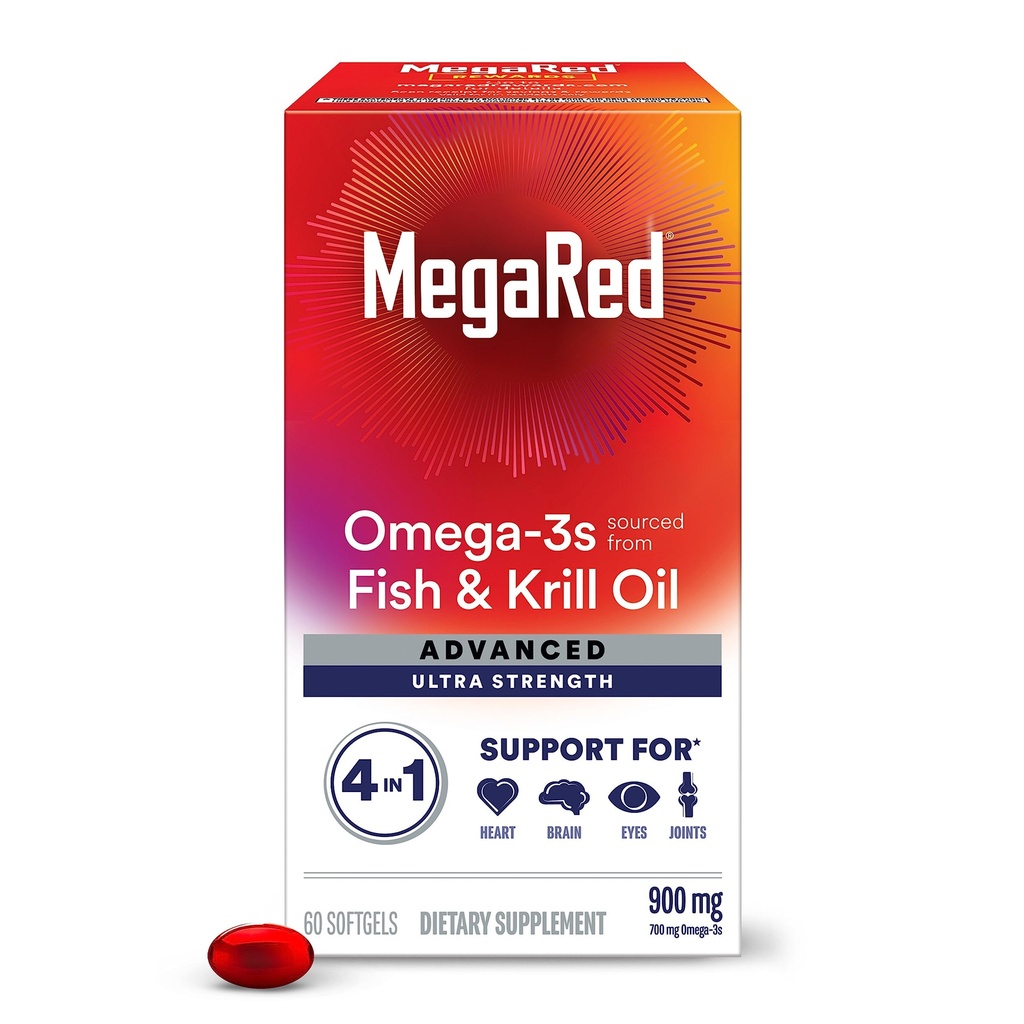 Megared Omega-3 fisk og krill olje Supplement 900mg - Megarred avansert 4in1, 60 mykgels, 2x mer Omega-3, hjerte, felles, hjerne og øye supplement, rød, 60 teller
