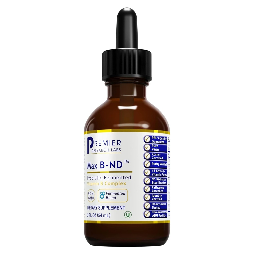 Premier Research Labs Max B-ND flytende vitamin - B-Complex for lever og hjerne helse - Sublingual Drops for energi, immun & adrenal støtte - 2 fl oz - Thiamin, B12, B6 & mer - for menn, kvinner