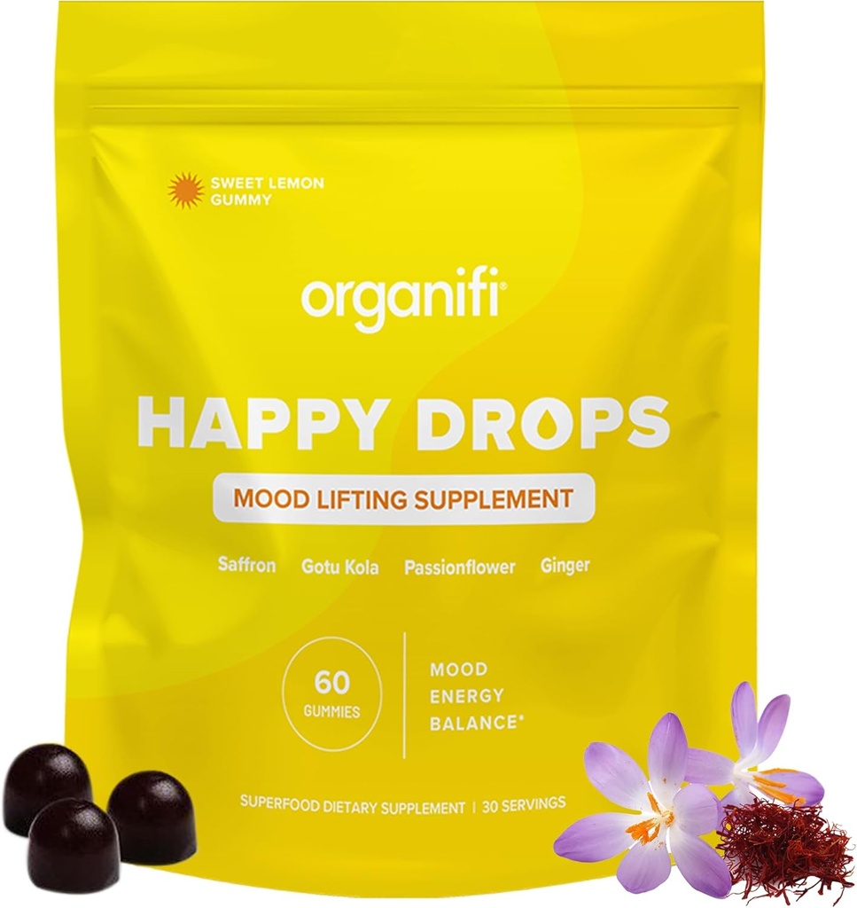 Organifi Happy Drops - Daglig Superfood Happy Gummies for voksne - Mood Support Supplement for balanse, lykke, energi og tar Edge Off - Sweet Lemon Flavor - 60 Gummies