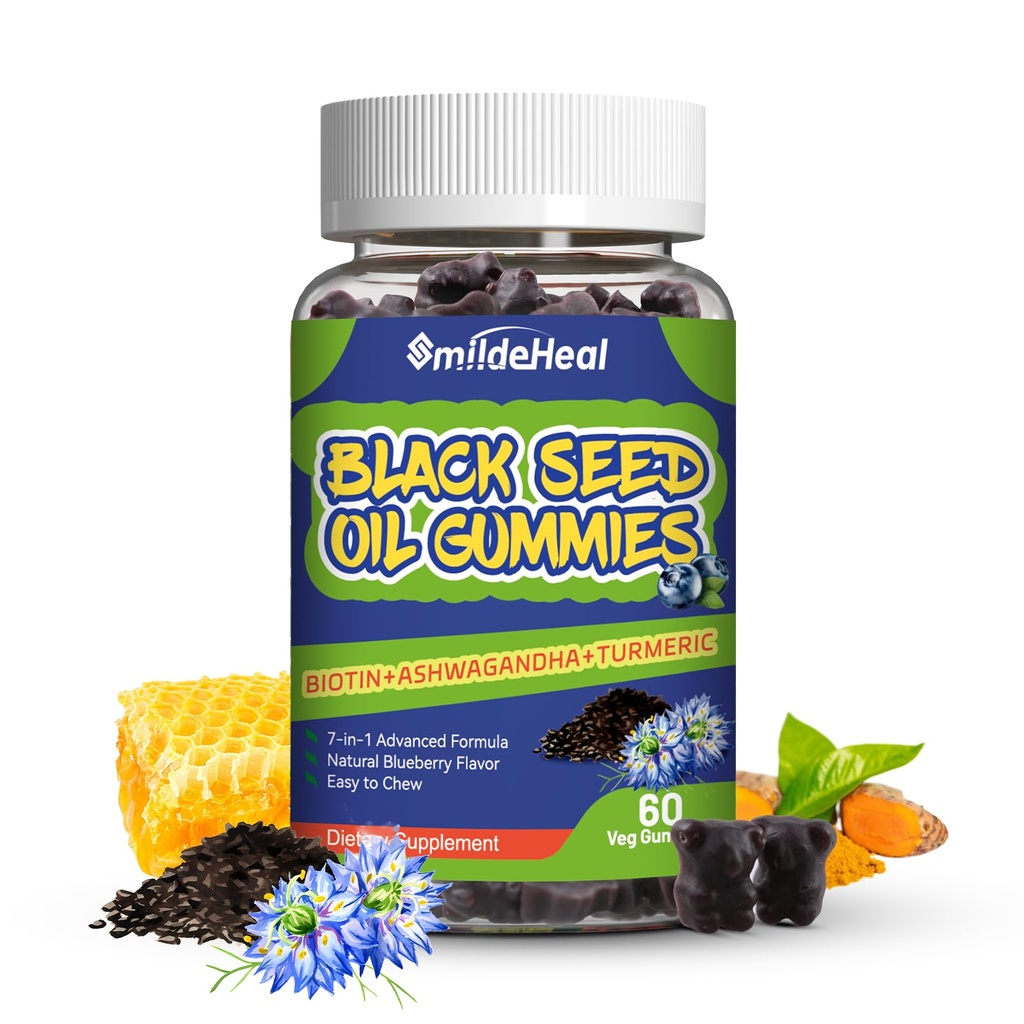 Svart Seed Oil Gummies, Økologisk Svart Cuminie Seed Oil Gummies, Svart Cuminie Seed Oil Organic 500 mg, Chewable Black Seed og Honning Gummies, Vegan, 60 Gummies