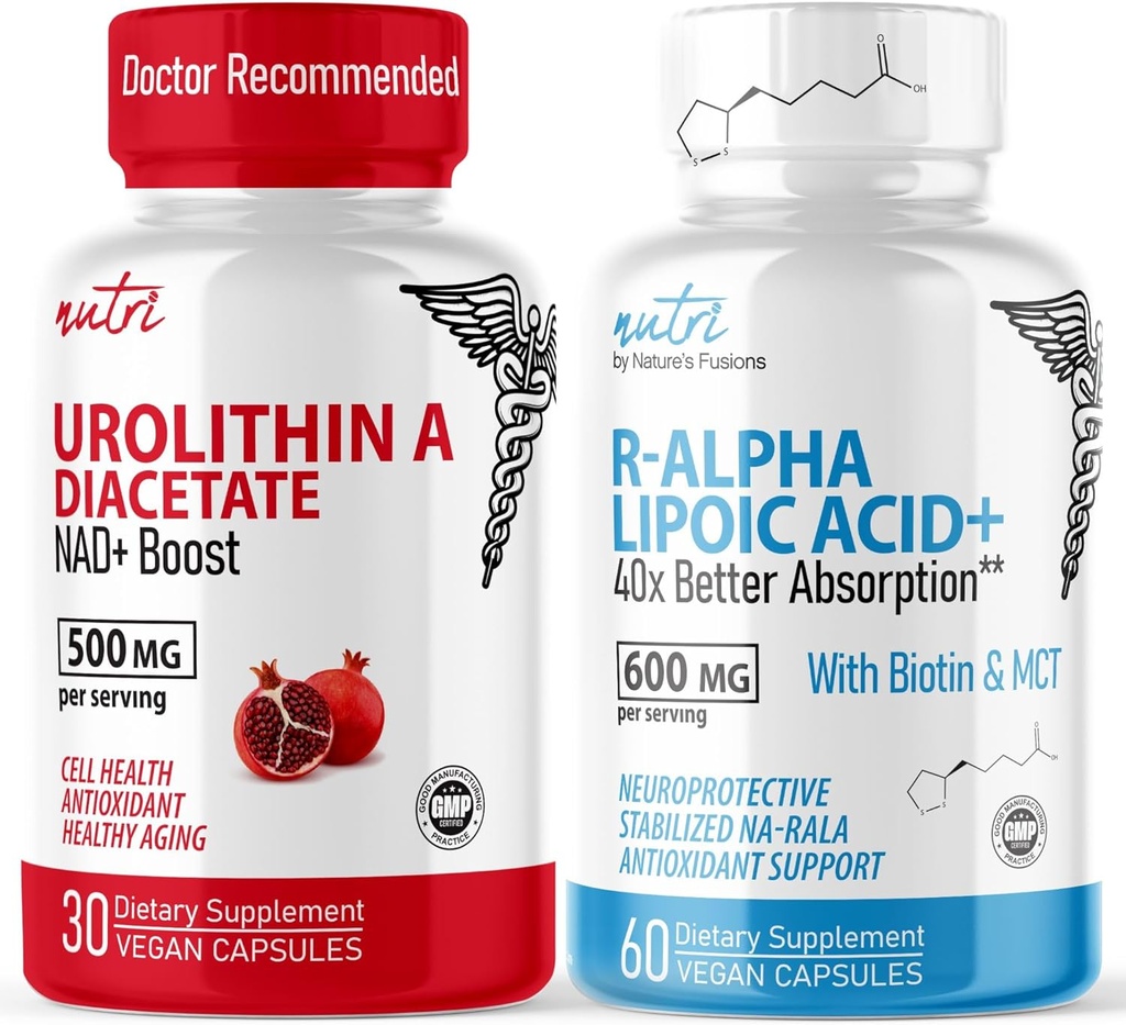 Naturens Fusjoner Urolithin En Diacetat 500 mg & R Alpha Lipoic Acid 600 mg (60 kapsler) - Antioksidant/Energy Bundle