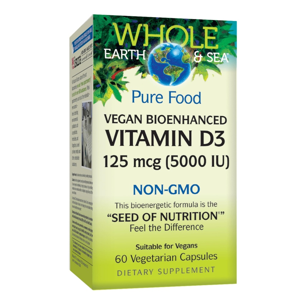 Naturlige faktorer Hele jorden og havet vitamin D3 125mcg (5 000 IU), vegansk bioforbedring, 60 vegetariske kapsler
