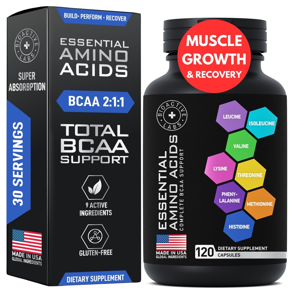 Essentielle Aminosyrer Supplement for kvinner og menn - Vegan BCAA Aminosyre Kompleks for muskelvekst med alle 9 BCAA Essential Aminos - Avansert trening Power & Recovery Formula - 120 EAA BCAA piller