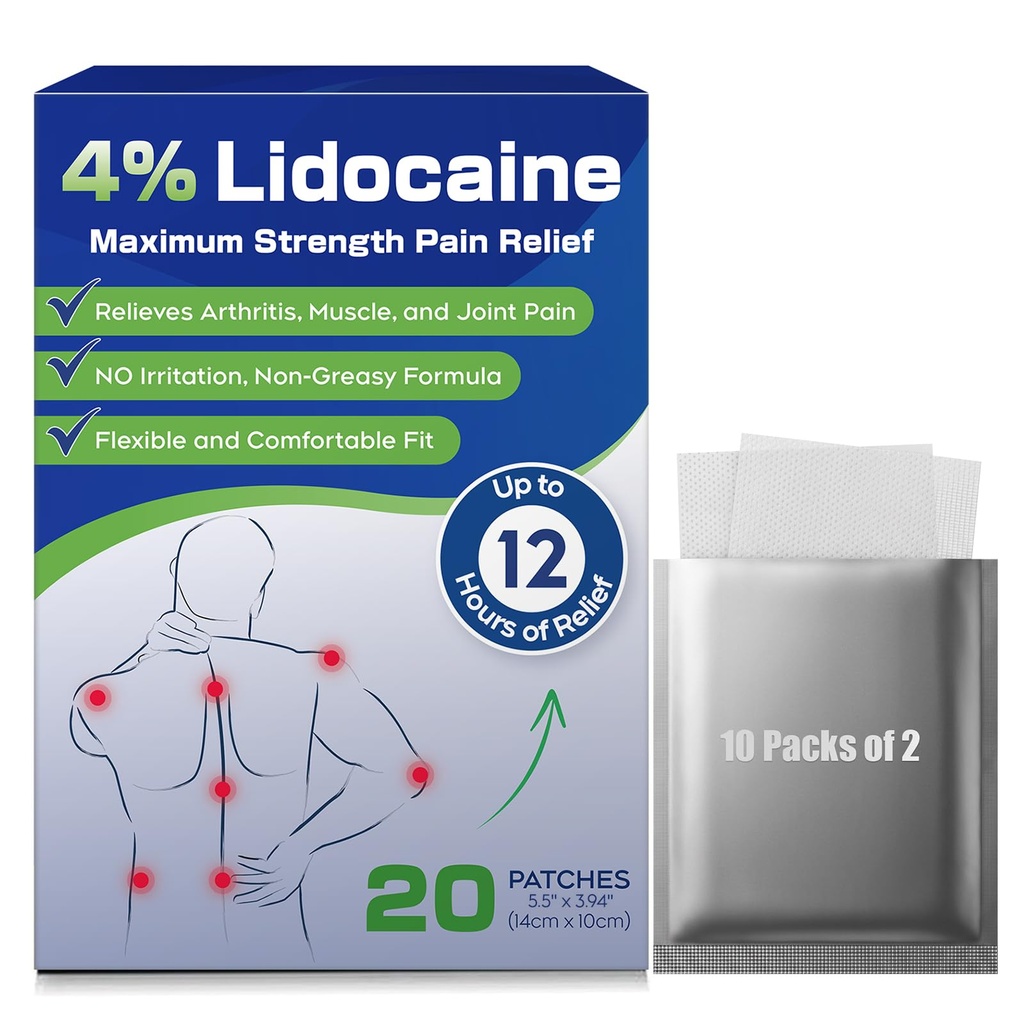 Uposiut 4% Lidocaine Patches, 20 greve Patches Maksimal styrke Lidocaine Patches (20 patches), for muskel smertelindring i halsen, skulder, rygg, kne, og anker, 12 timer smerte relief-012345