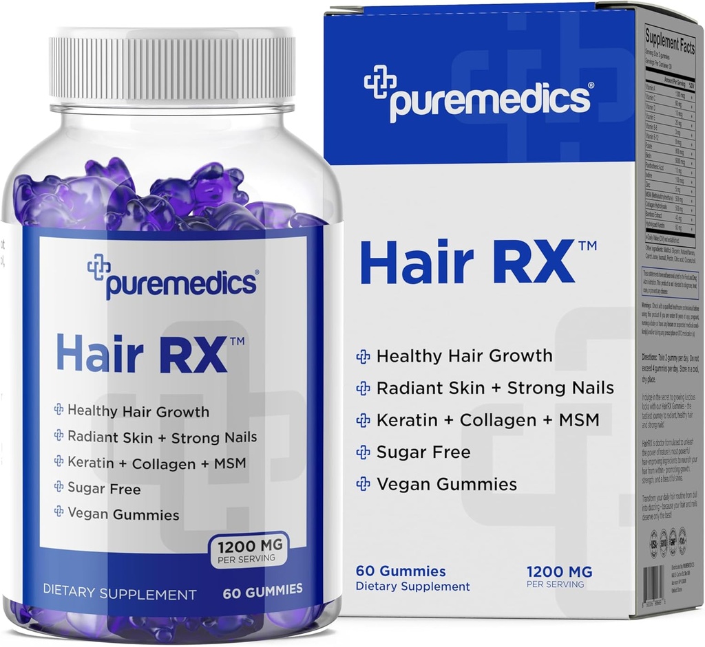 HårRX Biotin 6000mcg Vegansk Gummies for vakkert hår og negler - kollagen, Panthonthenic Acid, jodin, bambus, kokosolje, sink, MSM for kvinner og menn (1 måneds forsyning)