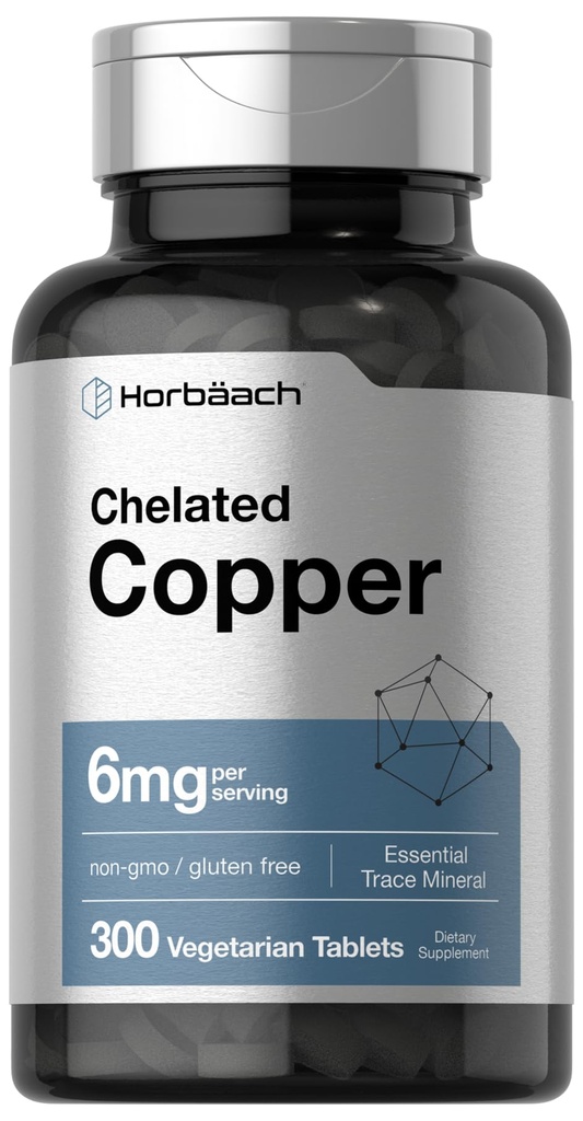 Horbäach Chelated Kobber Supplement 6 mg | 300 tabletter | essensielle spor Mineral | vegetarisk, ikke-GMO, Glutenfri