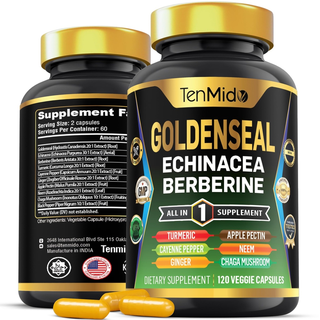 Goldenseal Root Supplement - 10in1 Formula - Kombinere med Echinacea, Berberine, Turmeric, Cayenne Pepper, Ginger, Apple Pectin, Neem, og mer - Digestiv helsestøtte - 120 Kapsler