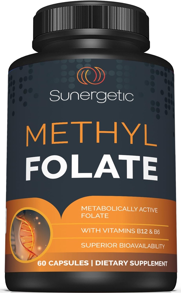 Sunergetic Premium Metyl Folat Supplement - med metylert vitamin B12 og vitamin B6 - Metabolsk aktiv folat som Magnafolat - Metylfolat 400 mg per kapsel - 60 kapsler