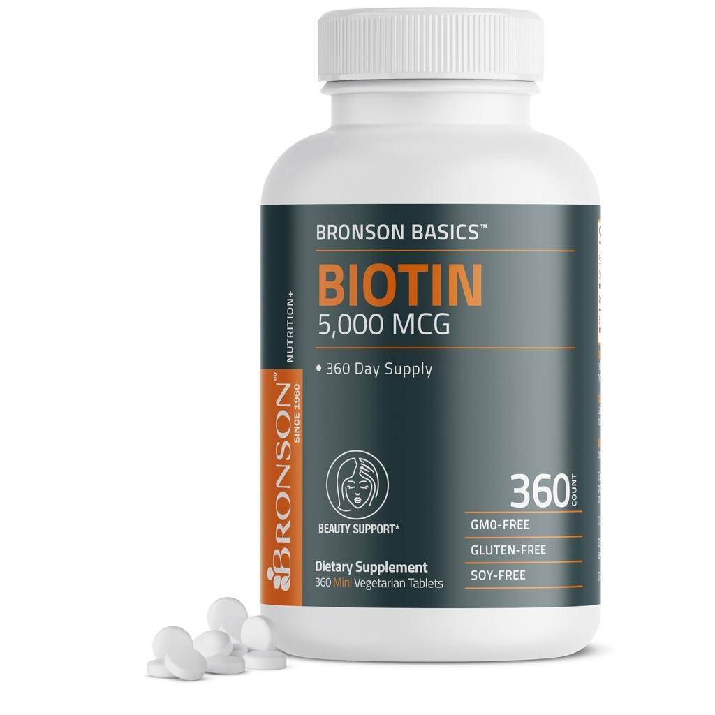 Bronson Biotin 5000 MCG støtter sunnt hår, hud og negler & energiproduksjon - høy styrke skjønnhetsstøtte - ikke-GMO, 360 vegetariske tabletter
