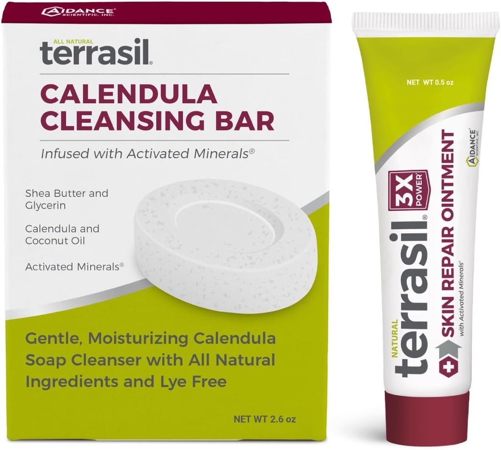 terrasil Hud Repair & Calendula Soap for Angular Cheilitis, Folliculitis, Impetigo, Lichen Sclerose, Bøler, Pitted Keratolyse, Soothing Relief & Supports Healing (.5oz Tube & såpe bar)