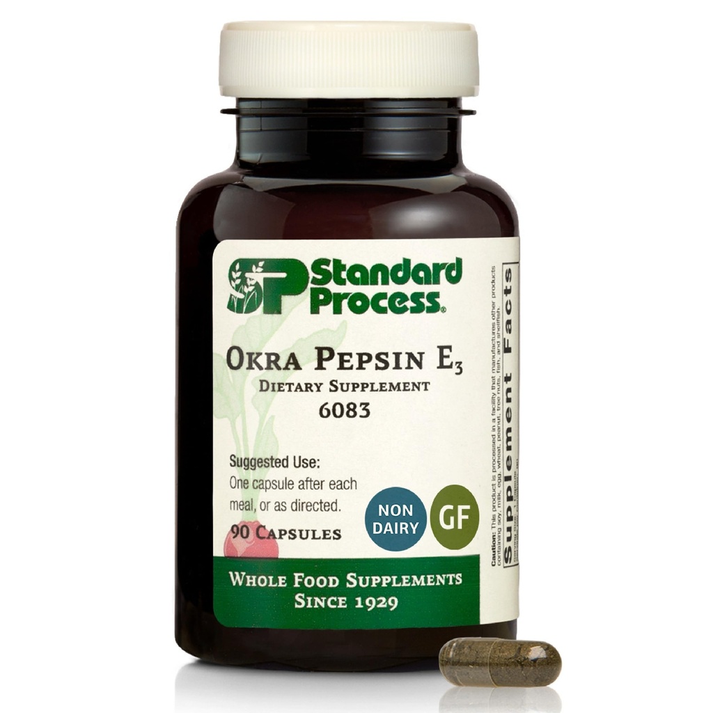 Standard prosess Inc. Okra Pepsin E3 - Hele maten Digestive Health, Cholesterol, Bowell og Bowell Cleanse med Pepsin, Alfafafa, Spansk Moss, Buckwheat og Okra, Glutenfri - 90 Kapsler