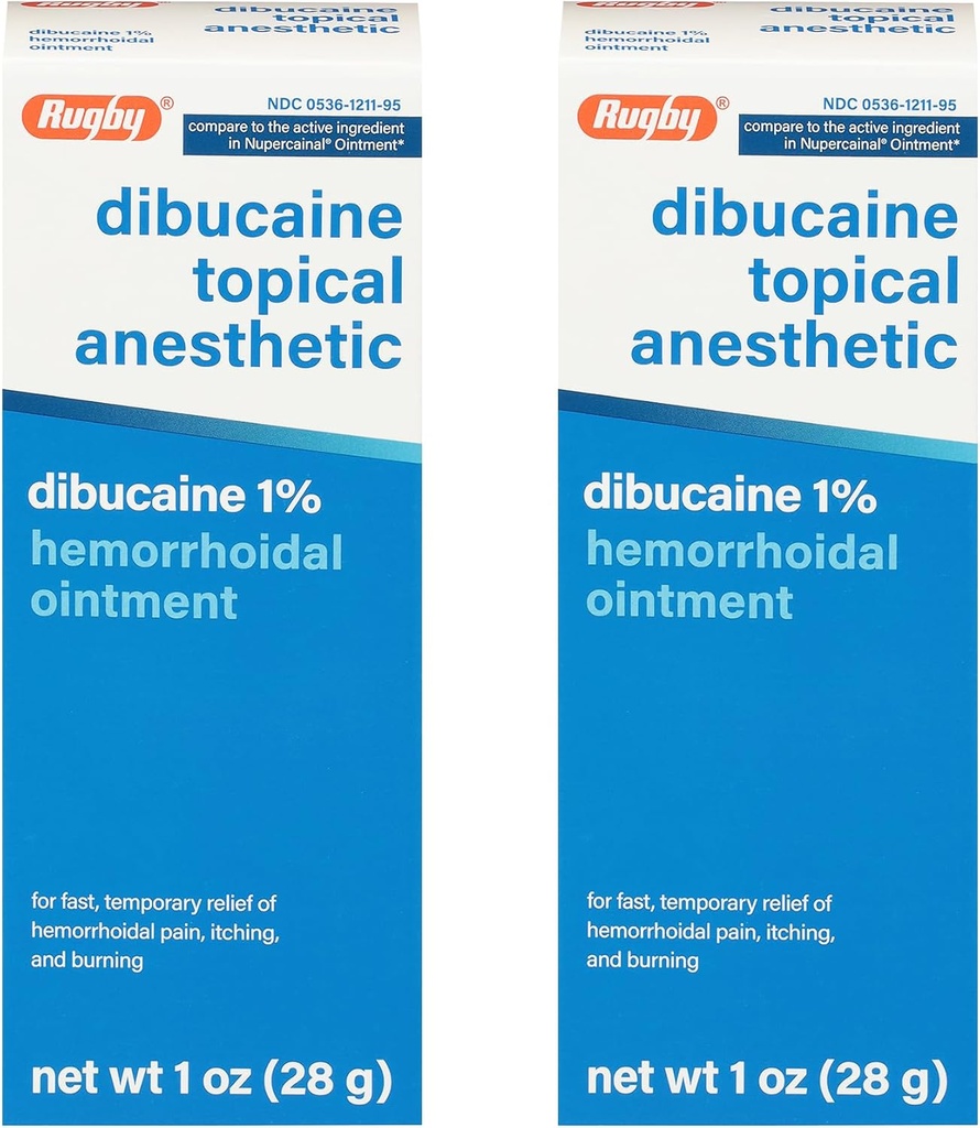 Rugby Dibucaine Topical Anestetic 1% Hemorroid Ointment - smerte lindring krem for kløe og brenne, hemorroid behandling, Anti-Itch Cream 1 Oz (2 pakke)