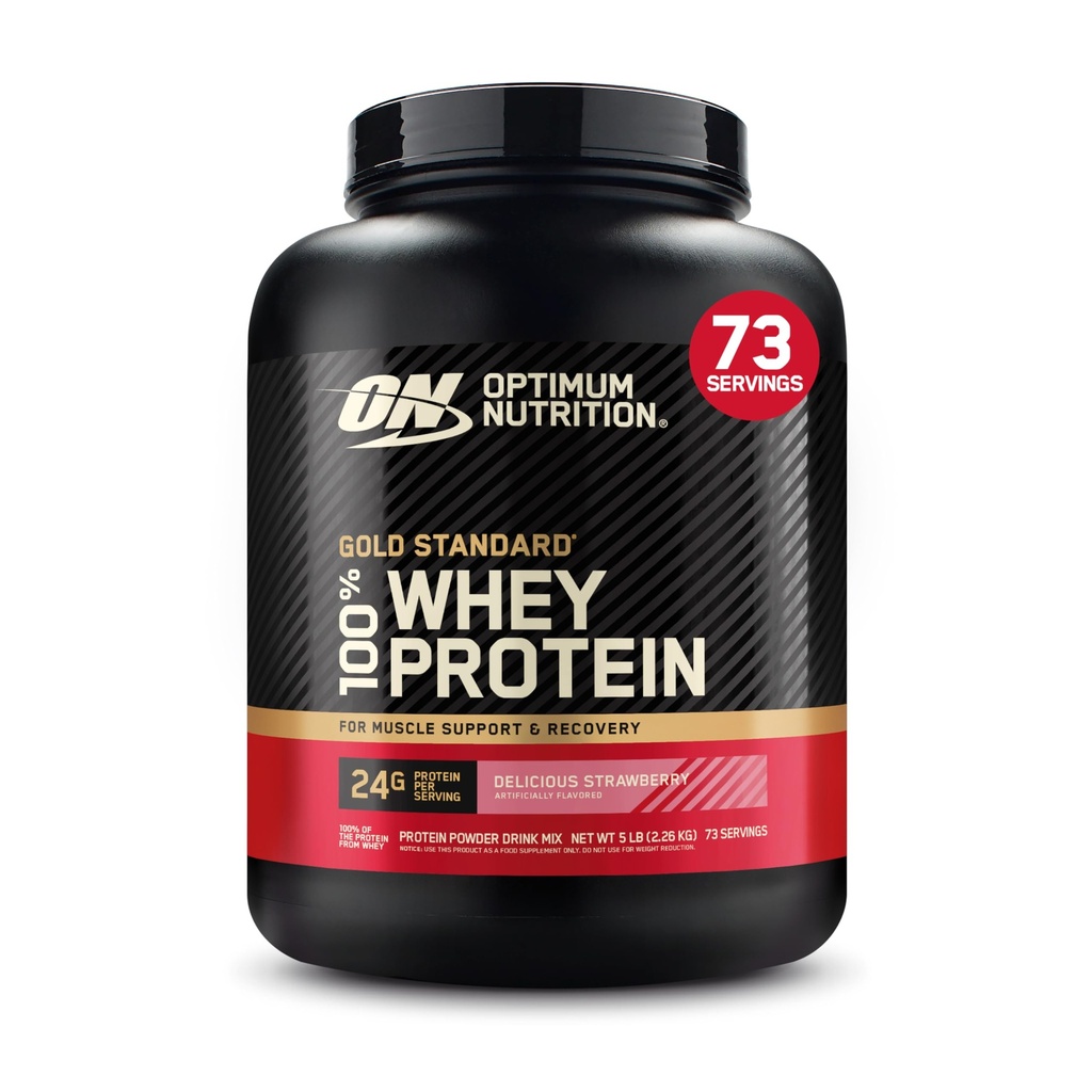 Optimum Ernæring Gull Standard 100% Whey Protein pulver, Delicious Jordbær, 5 pund (Packing May Vary)