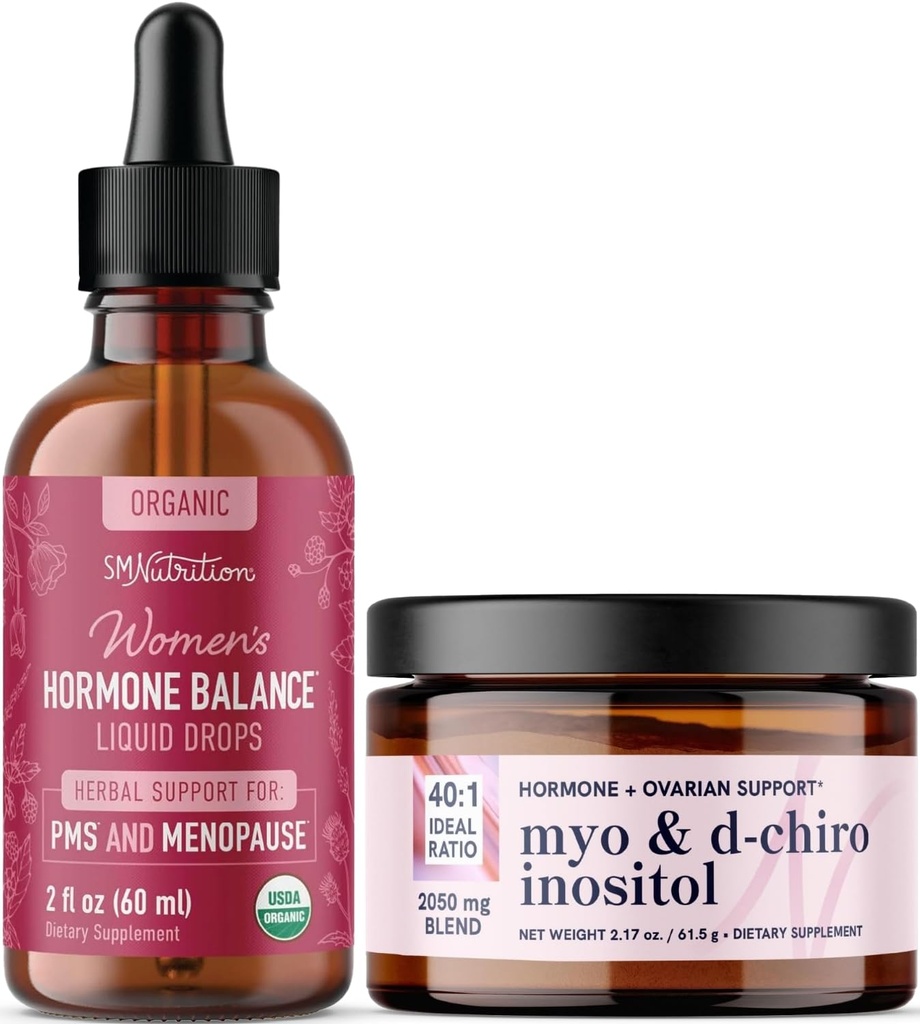 Myo-Inositol Powder Complex & Herbal Hormone Balance Tinktur | Hormon Balancing Bundle med Myo-Inositol & D-Chiro (30 Serveringer) og PMS Menopause & Menstruell støtte væske (60 Serveringer)