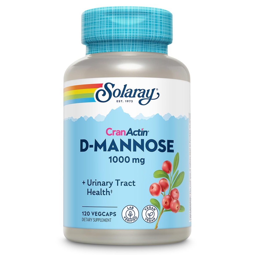SOLARAY D-Mannose 1000mg med CranActin Cranberry Extract - D Mannose og Cranberry Supplement med vitamin C - Støtter urinveistrakt helse - Vegan, 60-dagers garanti