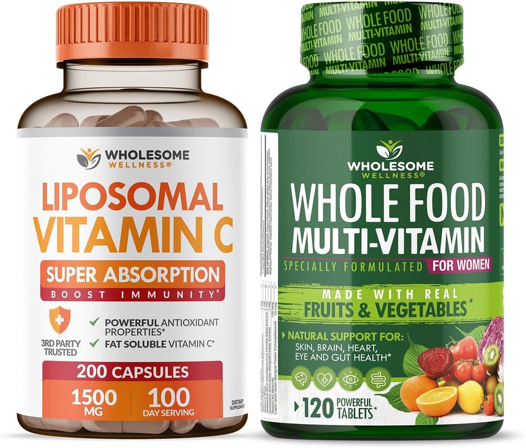 Helsome Wellness Liposomal Vitamin C Capsules (200 piller 1500mg Buffered) høy absorpsjon VIT C + hele mat multivitamin for kvinner - naturlige multivitaminer, mineraler, organiske ekstrakter Bungle